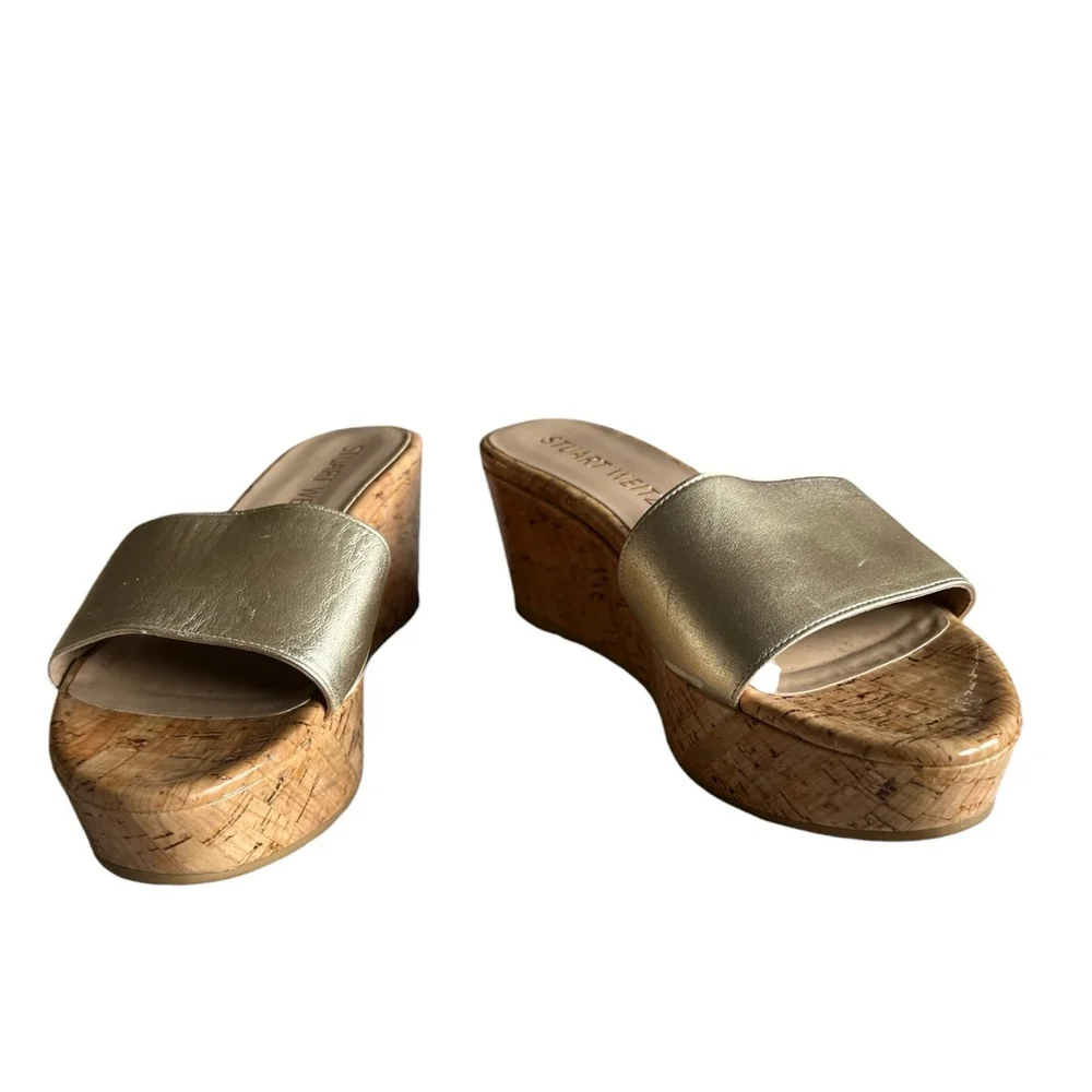 Women's Stuart Weitzman Gold Cork Wedge Platform Sandals Shoes 7.5 - Picture 5 of 7